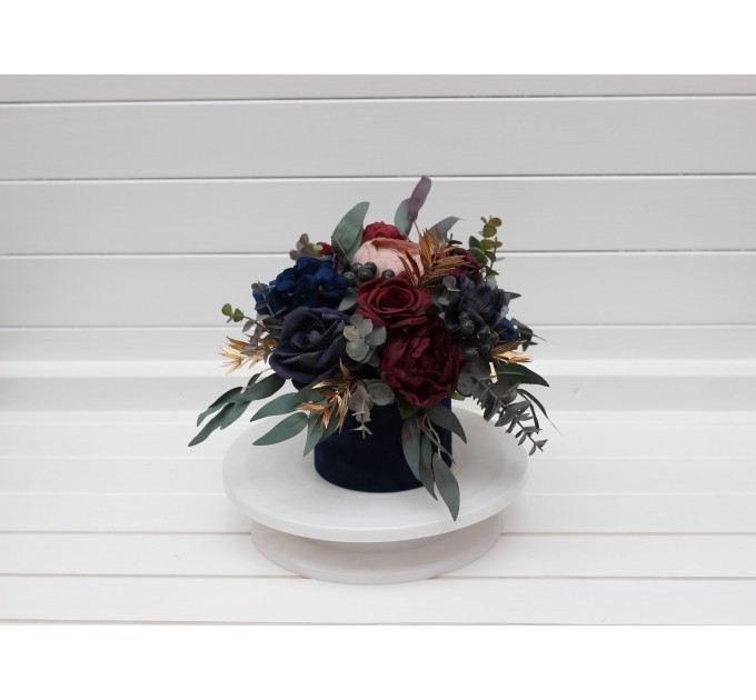 Burgundy navy blue dusty rose gold centerpiece. Table decor. Wedding flowers in box. 5090