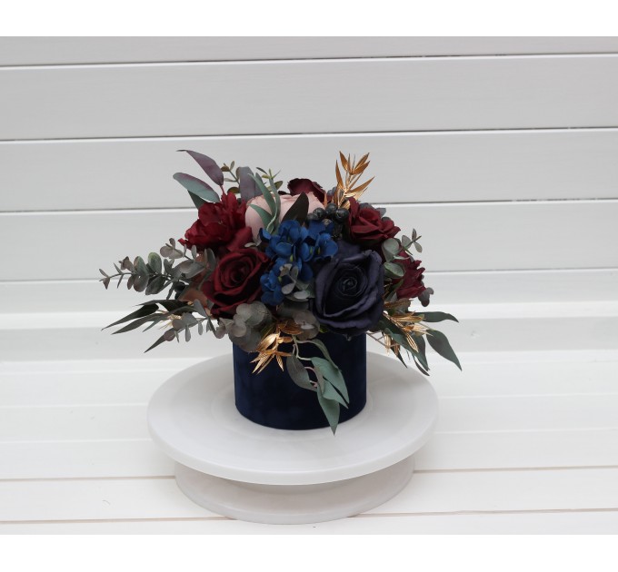 Burgundy navy blue dusty rose gold centerpiece. Table decor. Wedding flowers in box. 5090