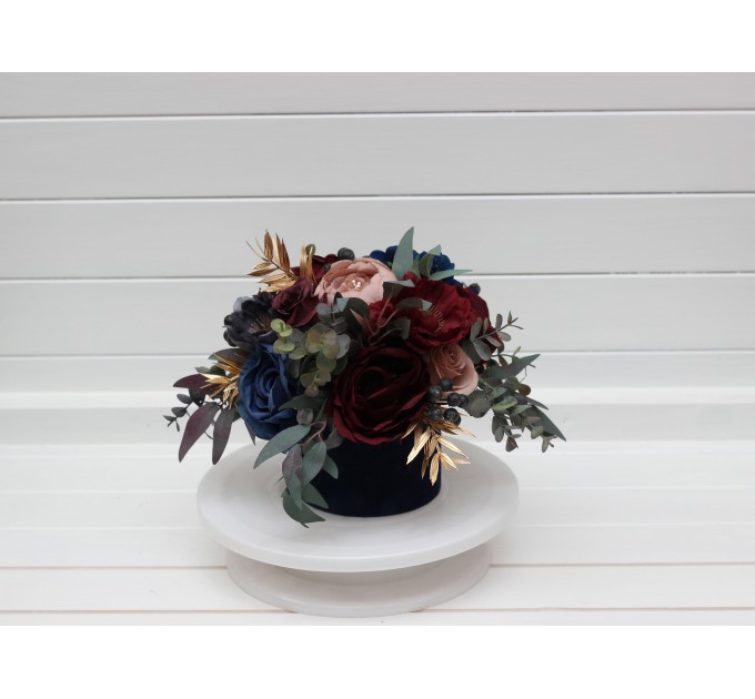Burgundy navy blue dusty rose gold centerpiece. Table decor. Wedding flowers in box. 5090