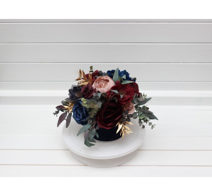Burgundy navy blue dusty rose gold centerpiece. Table decor. Wedding flowers in box. 5090