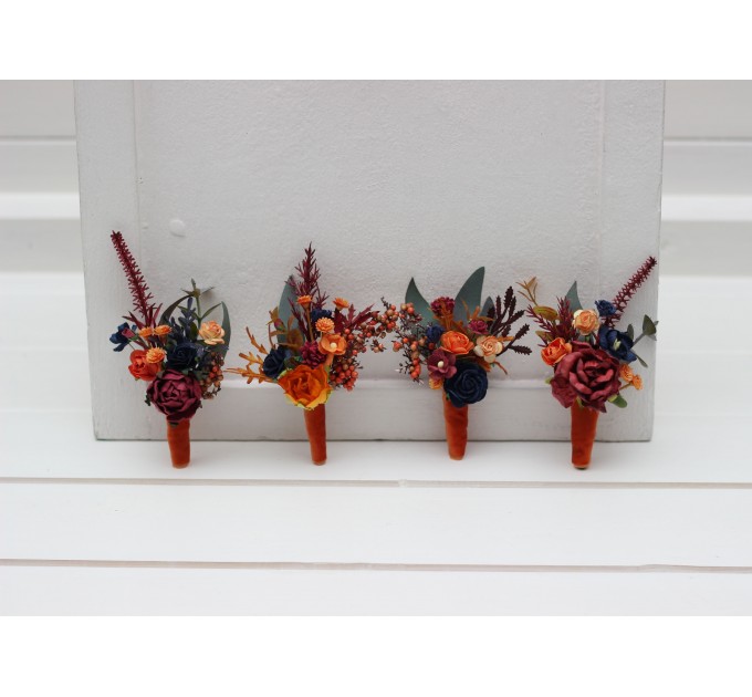 Wedding Boutonnieres & Wrist Corsage in Orange, Burgundy & Navy Blue | Faux Flower Accessories