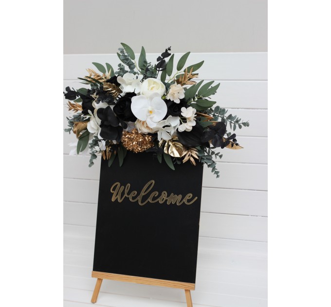 Flower Arch Arrangement in Black, Gold & White | Faux Floral Archway for Wedding
