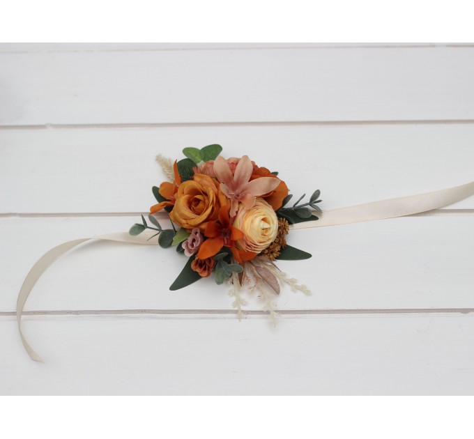 Wedding Boutonnieres & Wrist Corsage in Cinnamon, Rust & Orange | Faux Flower Accessories