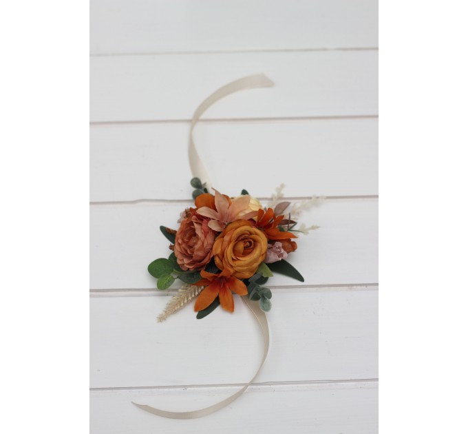 Wedding Boutonnieres & Wrist Corsage in Cinnamon, Rust & Orange | Faux Flower Accessories