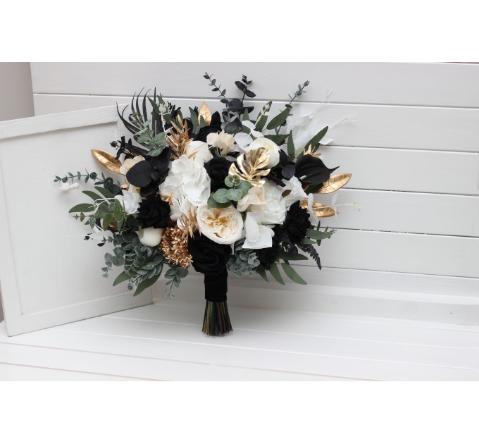 Black, Gold, and White Wedding Bouquets – Bridal and Cascading Faux Designs