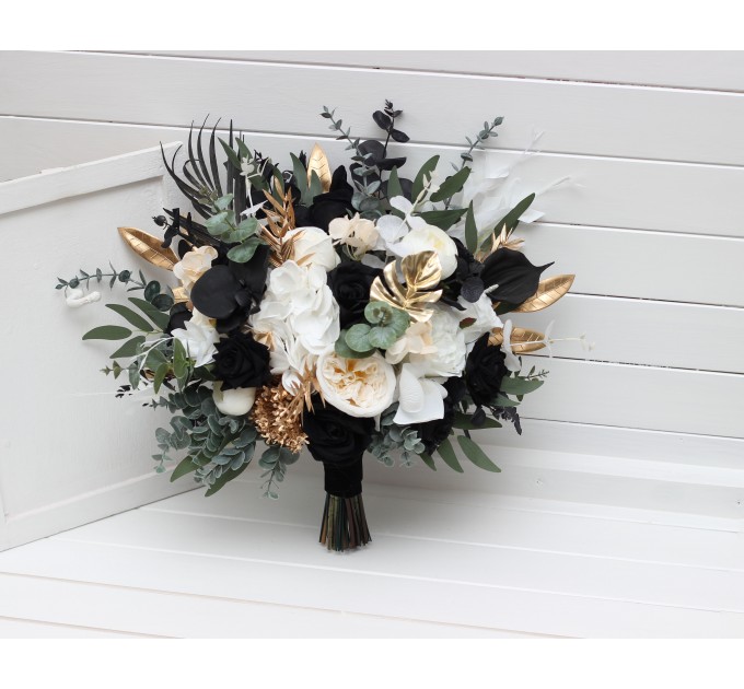 Black, Gold, and White Wedding Bouquets – Bridal and Cascading Faux Designs