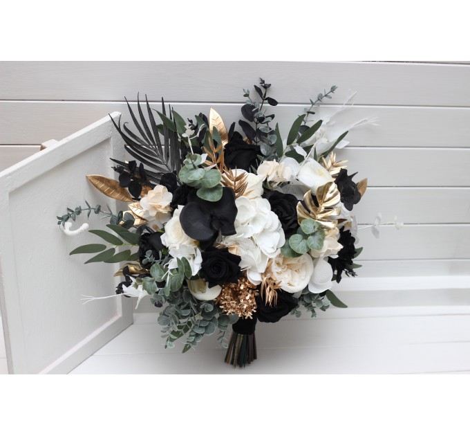 Black, Gold, and White Wedding Bouquets – Bridal and Cascading Faux Designs