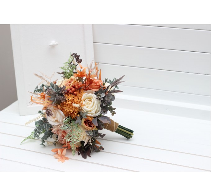 Boho Bouquet with Pampas Grass in Orange, Ivory, Rust & Terracotta | Cascading Bridal & Bridesmaid Bouquets