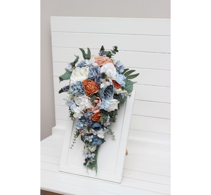 Spring & Summer Wedding Bouquets in White, Terracotta & Dusty Blue | Faux Bridal & Bridesmaid Cascading Bouquets