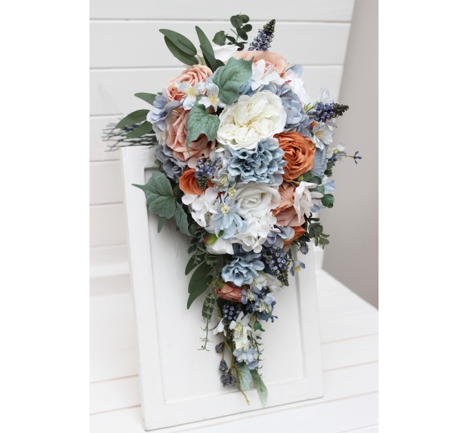 Spring & Summer Wedding Bouquets in White, Terracotta & Dusty Blue | Faux Bridal & Bridesmaid Cascading Bouquets
