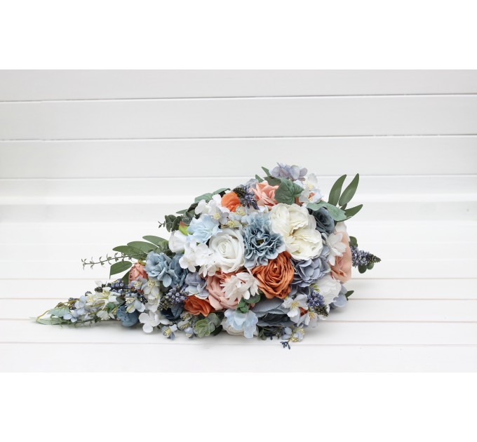 Spring & Summer Wedding Bouquets in White, Terracotta & Dusty Blue | Faux Bridal & Bridesmaid Cascading Bouquets