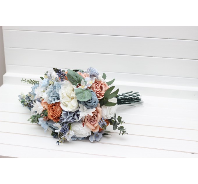 Spring & Summer Wedding Bouquets in White, Terracotta & Dusty Blue | Faux Bridal & Bridesmaid Cascading Bouquets