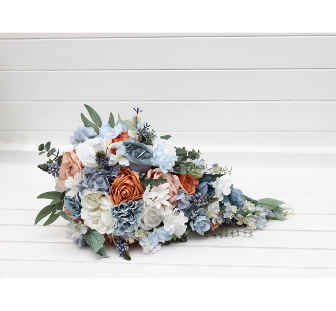 Spring & Summer Wedding Bouquets in White, Terracotta & Dusty Blue | Faux Bridal & Bridesmaid Cascading Bouquets