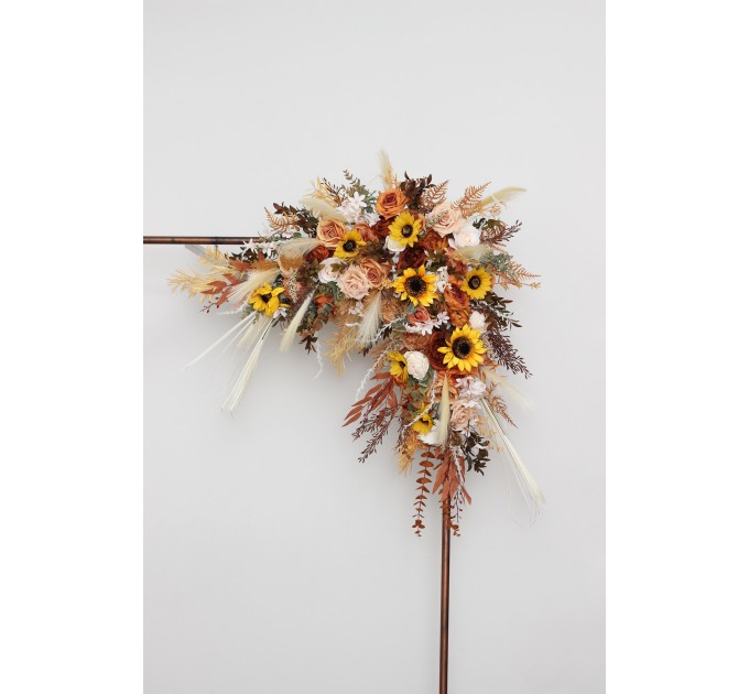 Flower Arch Arrangement in Orange, Rust & Beige with Pampas Grass | Faux Wedding Arch with Sunflowers