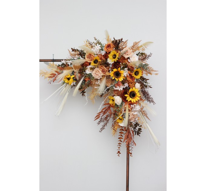 Flower Arch Arrangement in Orange, Rust & Beige with Pampas Grass | Faux Wedding Arch with Sunflowers