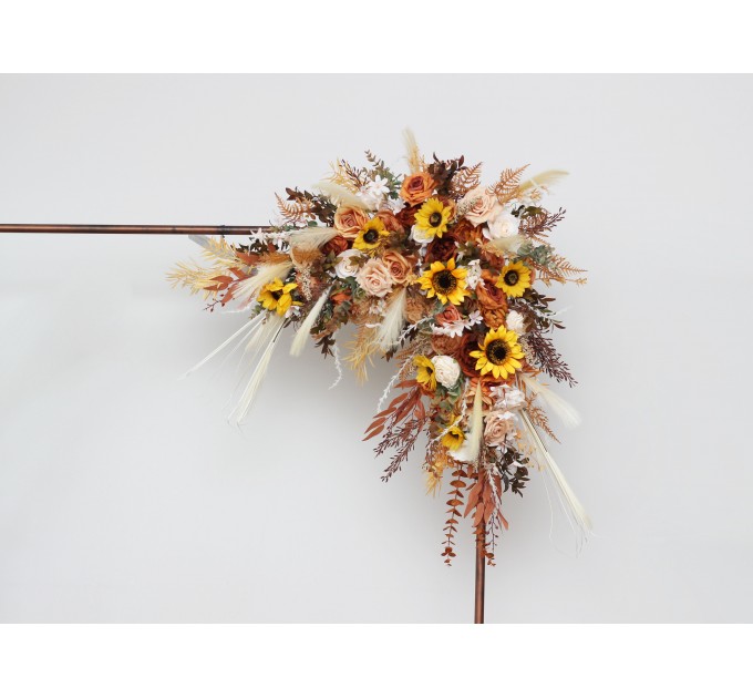 Flower Arch Arrangement in Orange, Rust & Beige with Pampas Grass | Faux Wedding Arch with Sunflowers