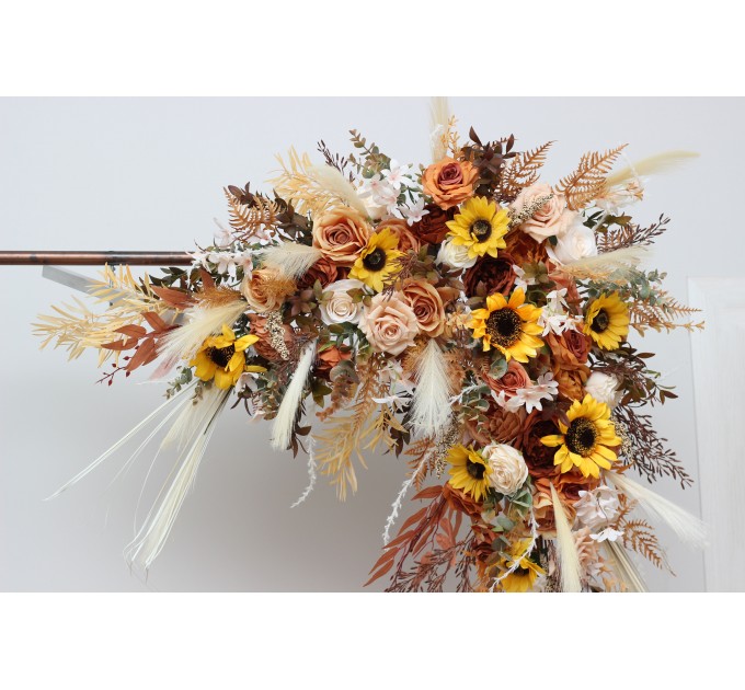 Flower Arch Arrangement in Orange, Rust & Beige with Pampas Grass | Faux Wedding Arch with Sunflowers