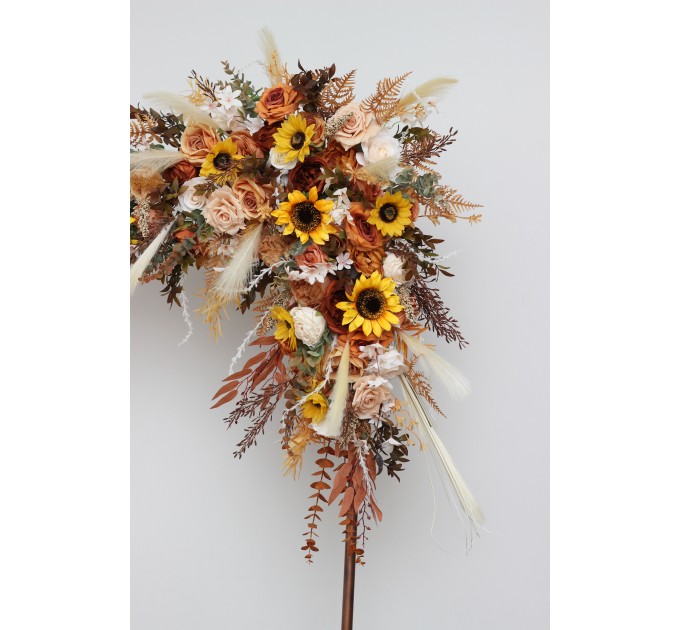 Flower Arch Arrangement in Orange, Rust & Beige with Pampas Grass | Faux Wedding Arch with Sunflowers