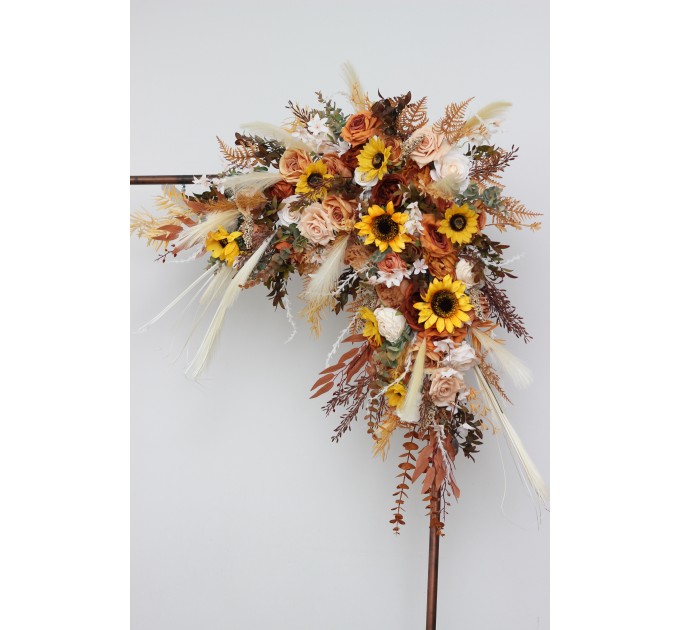 Flower Arch Arrangement in Orange, Rust & Beige with Pampas Grass | Faux Wedding Arch with Sunflowers