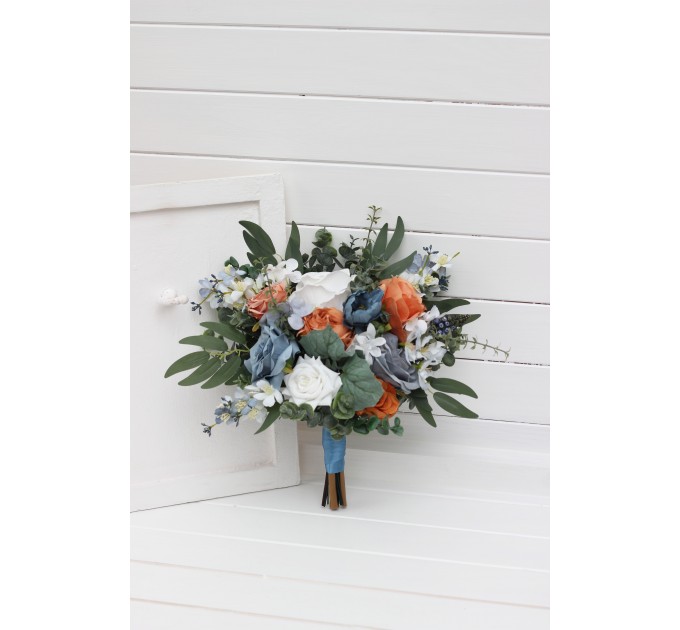 Spring & Summer Wedding Bouquets in White, Terracotta & Dusty Blue | Faux Bridal & Bridesmaid Cascading Bouquets