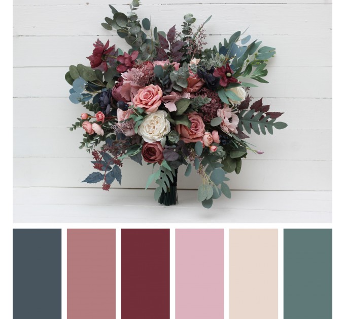 Wedding Bouquets in Navy Blue, Dusty Rose & Mauve | Cascading Bridal & Bridesmaid Faux Bouquets