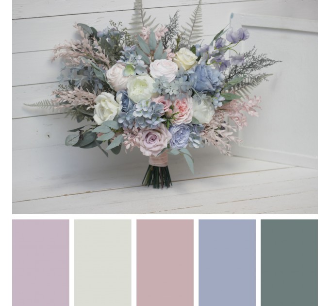 Wedding Bouquets in Dusty Blue, Blush Pink & White | Faux Bridal & Bridesmaid Bouquets