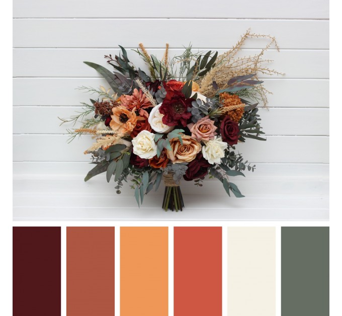 Wedding Bouquets in Rust, Burgundy & Ivory | Faux Bridal & Bridesmaid Bouquets