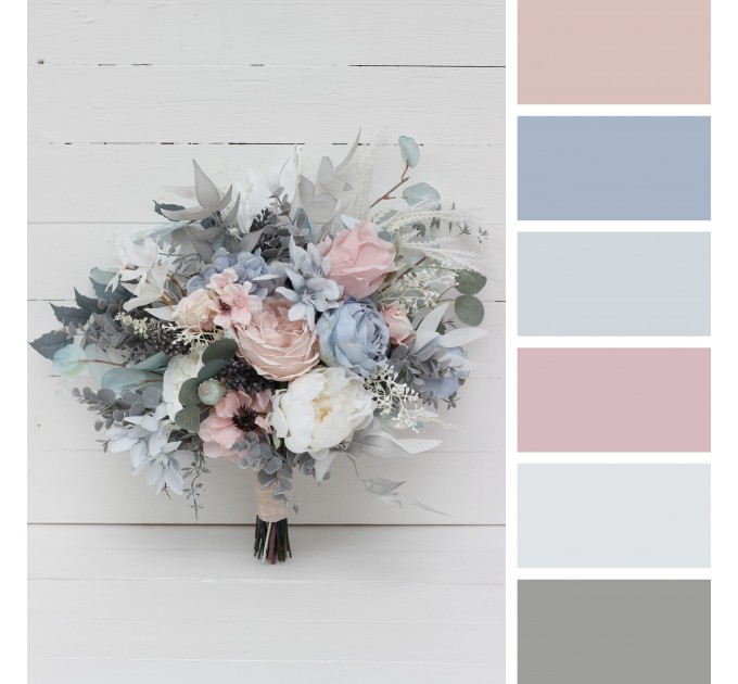 Dusty Blue, Blush Pink & White Wedding Bouquets | Faux Bridal & Bridesmaid Bouquets