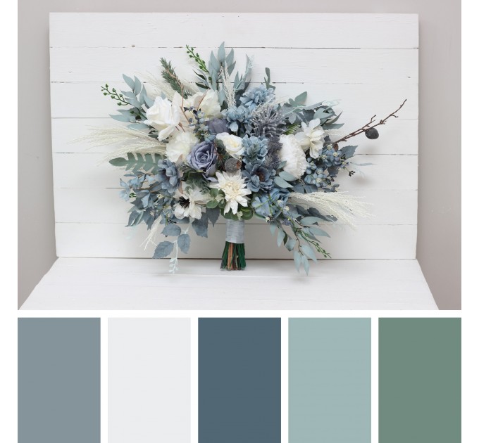 Wedding Bouquets in Dusty Blue & White | Cascading Bridal & Bridesmaid Faux Bouquets