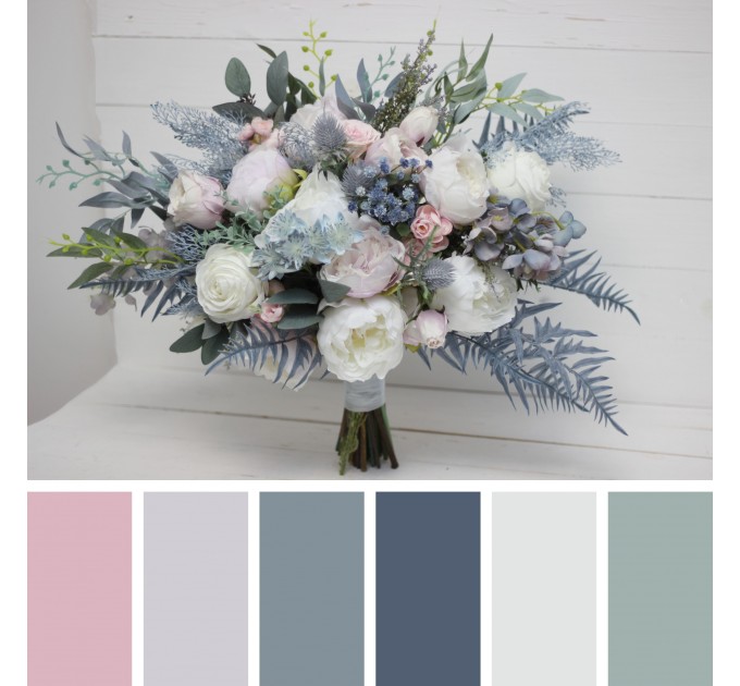 Wedding Bouquets in Dusty Blue, Pink & White | Cascading Bridal & Bridesmaid Faux Bouquets