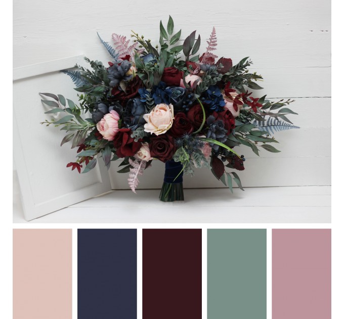 Wedding Bouquets in Burgundy, Navy Blue & Blush Pink | Cascading Bridal & Bridesmaid Faux Bouquets