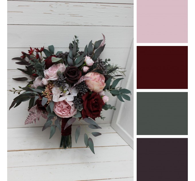 Wedding Bouquets in Burgundy & Dusty Pink | Faux Cascading Bridal & Bridesmaid Bouquets