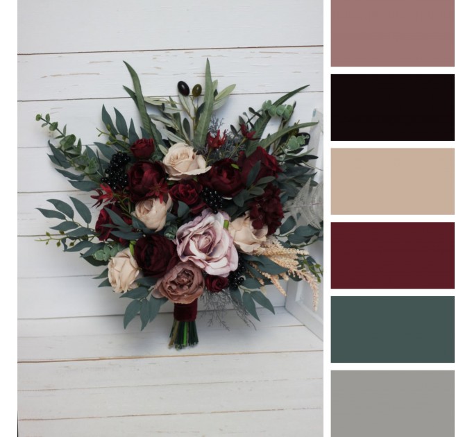 Wedding Bouquets in Deep Burgundy & Beige | Faux Bridal & Bridesmaid Bouquets