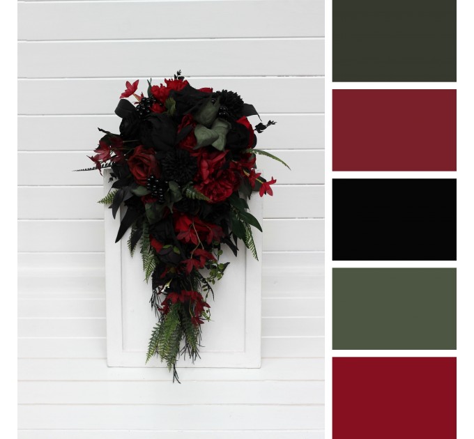 Deep Red, Black, and Forest Green Wedding Bouquets – Gothic Cascading Bridal Designs
