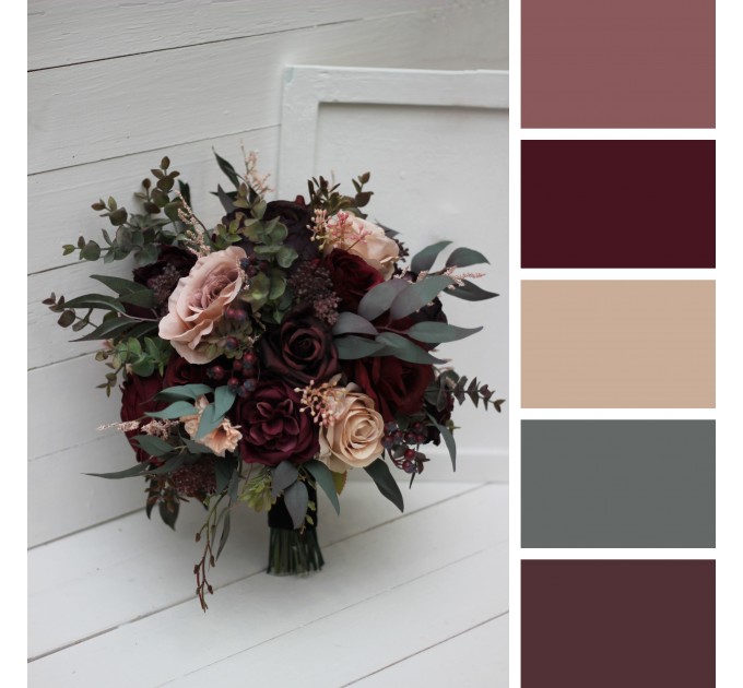 Purple, Burgundy, and Beige Wedding Bouquets with Black Ribbon – Perfect for Fall