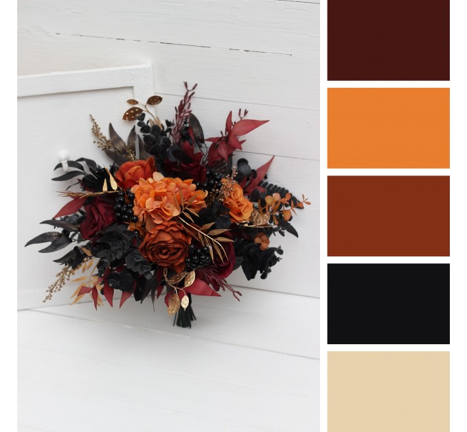 Burgundy, Black, Rust, and Gold Wedding Bouquets – Elegant Faux Bridal Bouquets