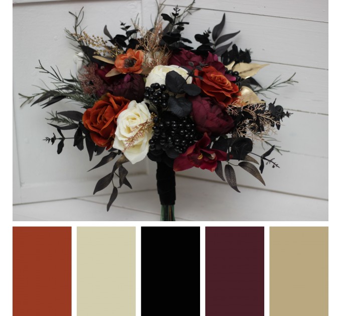 Halloween wedding bouquets in purple black rust gold colors. Bridal bouquet. Cascading bouquet. Faux bouquet. Bridesmaid bouquet.Gothic black wedding bouquet. 5014