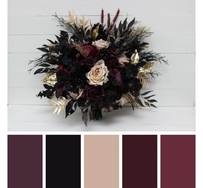 Deep Purple, Black, Gold, and Beige Wedding Bouquets – Regular and Cascade Designs