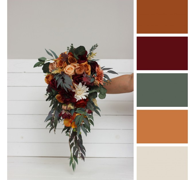 Cascading Fall Wedding Bouquet with Orchids & Dahlias | Faux Bridal & Bridesmaid Bouquets