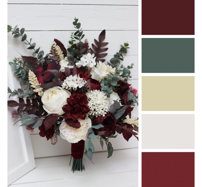 Burgundy and Ivory Wedding Bouquets – Bridal & Bridesmaid Faux Cascading Bouquets