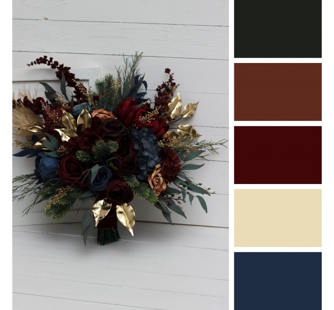 Wedding Bouquets in Burgundy, Navy Blue & Gold | Cascading Bridal & Bridesmaid Faux Bouquets