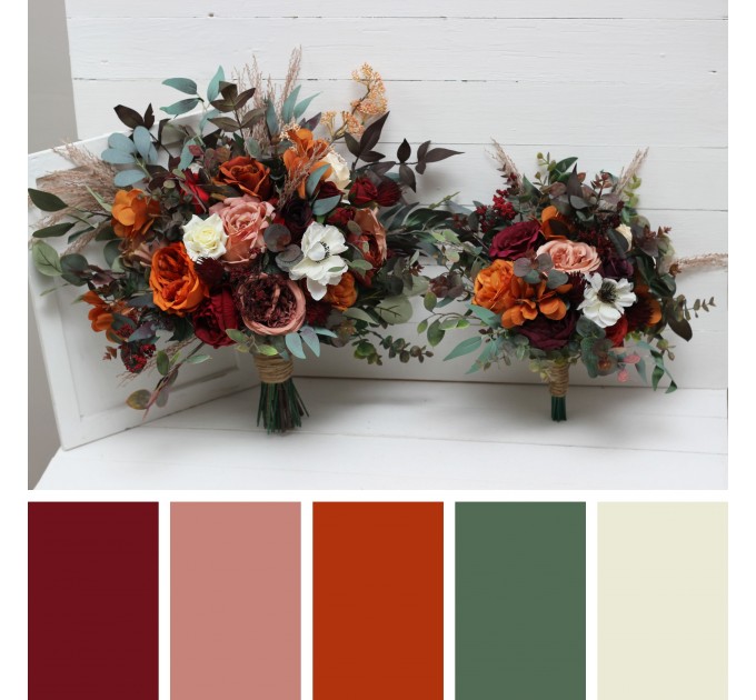 Burgundy, Rust, Ivory & Cinnamon Wedding Bouquets | Cascading Bridal & Bridesmaid Bouquets