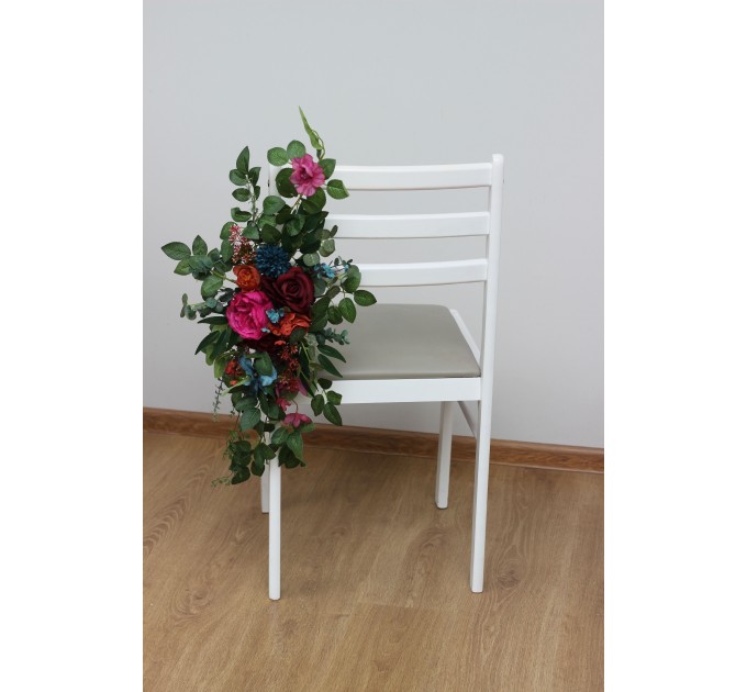 Aisle flowers in jewel-tone scheme. Chair flowers. Sign flowers. Wedding flowers. Flowers for wedding decor. 5187