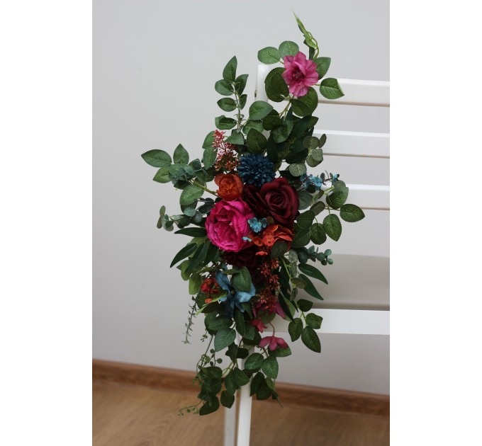 Aisle flowers in jewel-tone scheme. Chair flowers. Sign flowers. Wedding flowers. Flowers for wedding decor. 5187