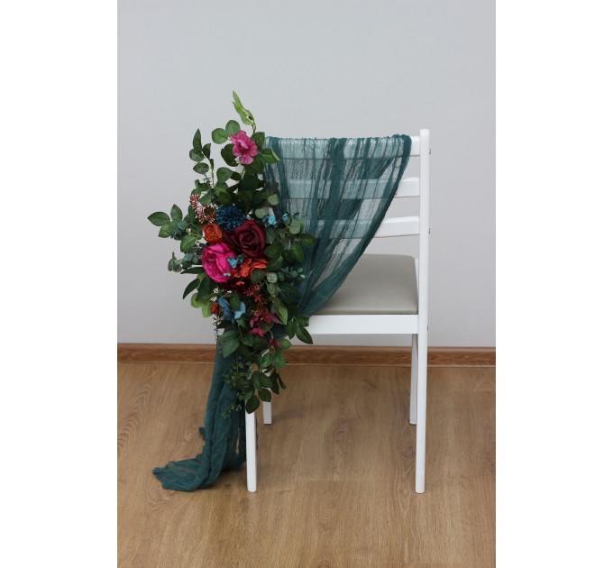 Aisle flowers in jewel-tone scheme. Chair flowers. Sign flowers. Wedding flowers. Flowers for wedding decor. 5187