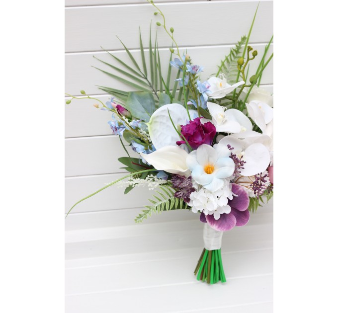 Exotic Wedding Bouquet in White, Blue & Magenta | Orchid & Calla Lily Bridal Bouquet for Beach Weddings