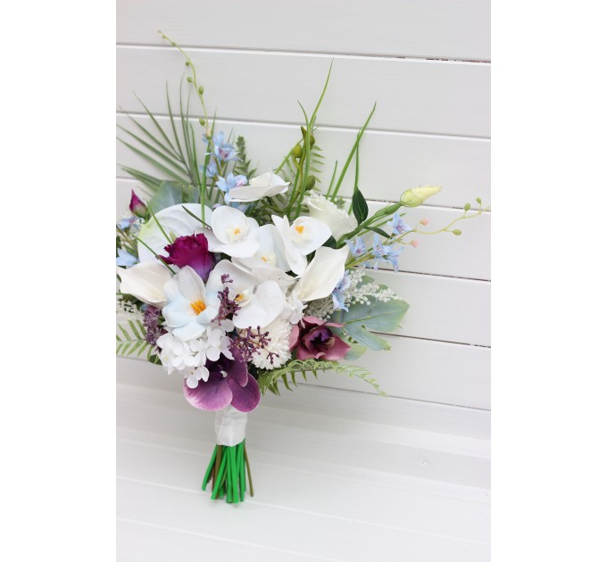 Exotic Wedding Bouquet in White, Blue & Magenta | Orchid & Calla Lily Bridal Bouquet for Beach Weddings
