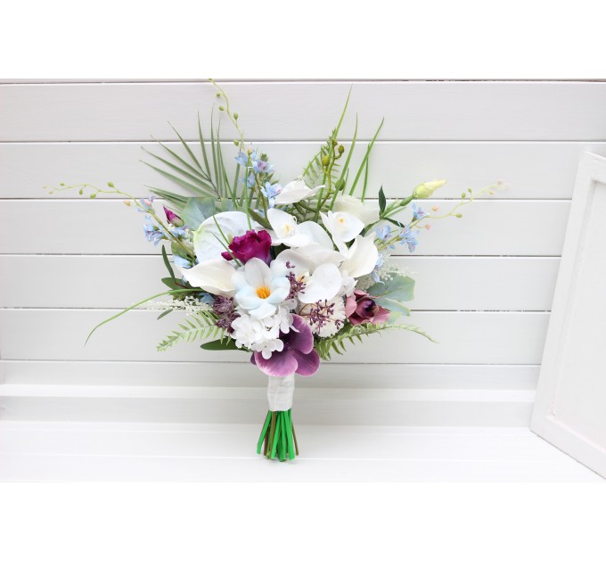 Exotic Wedding Bouquet in White, Blue & Magenta | Orchid & Calla Lily Bridal Bouquet for Beach Weddings