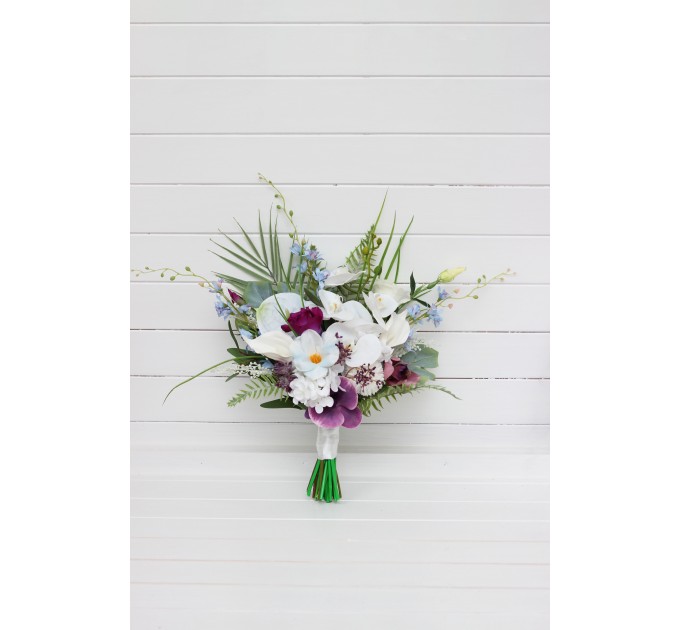 Exotic Wedding Bouquet in White, Blue & Magenta | Orchid & Calla Lily Bridal Bouquet for Beach Weddings