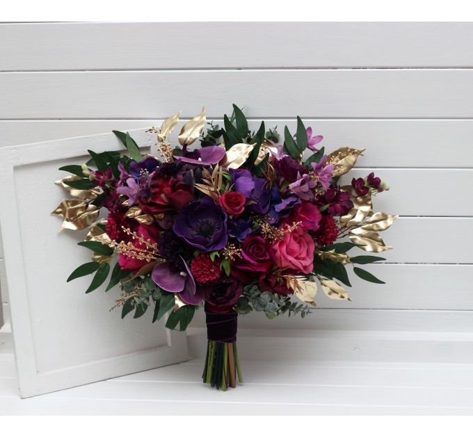 Wedding Bouquets in Purple, Magenta & Gold | Faux Bridal & Bridesmaid Bouquets